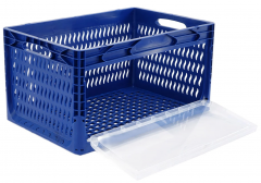 Plastična Euro kutija 600x400x320 mm – Plava, perforirana s prednjim otvorom i otvorenim ručkama